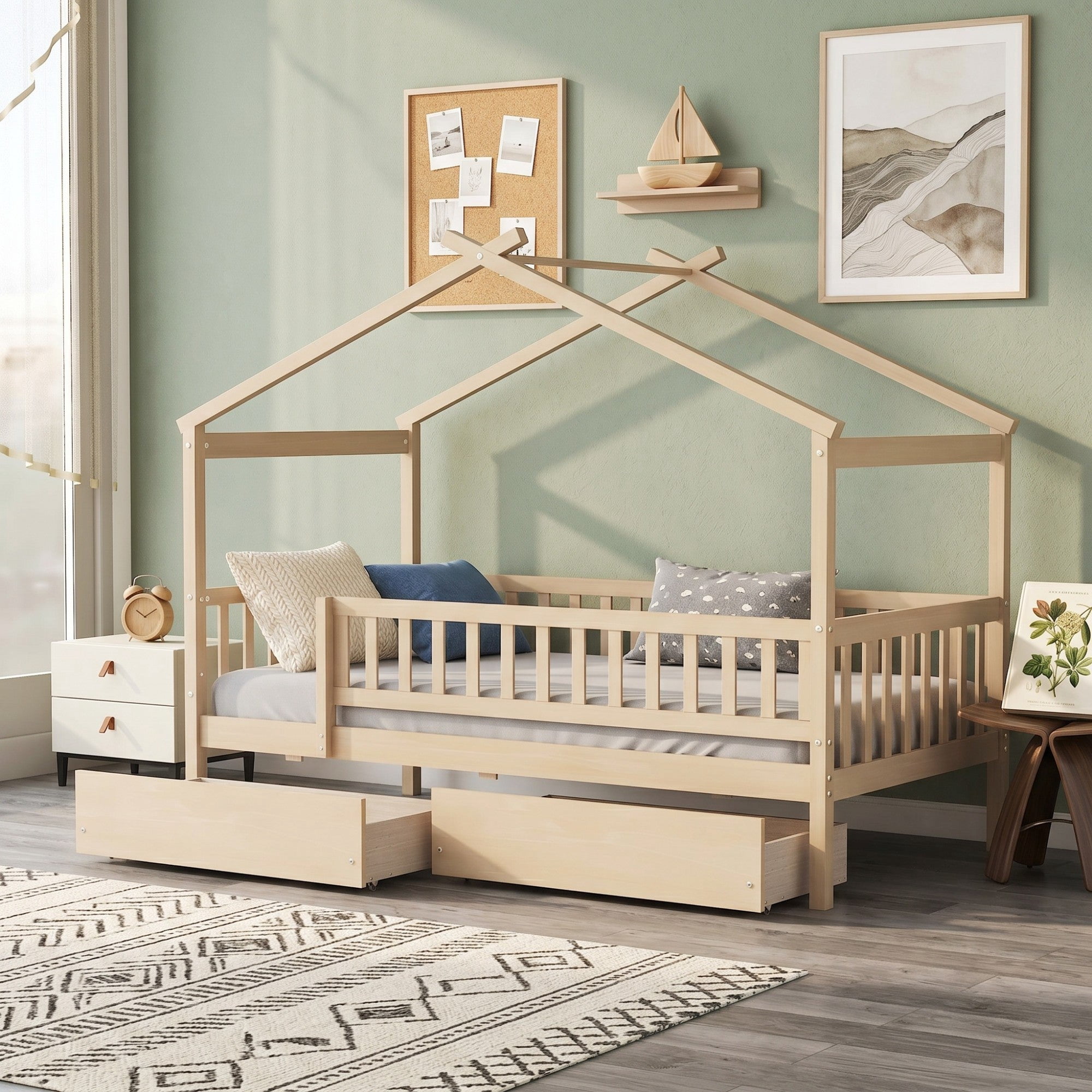 Sailvan Twin Size Wooden House Bed with Two Drawers