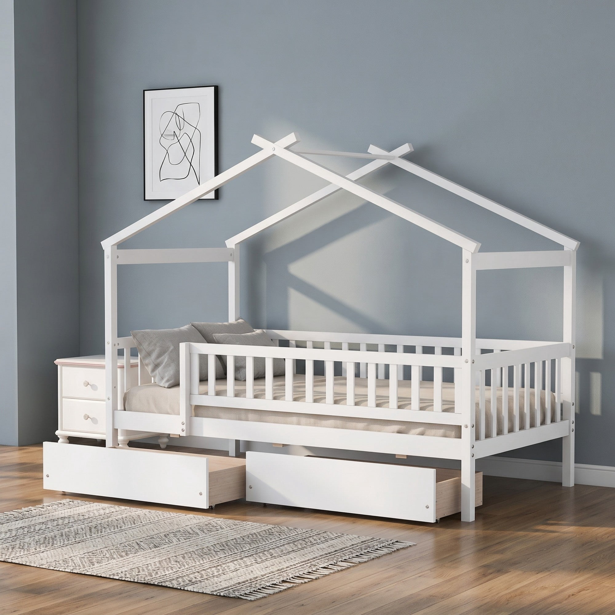 Sailvan Twin Size Wooden House Bed with Two Drawers