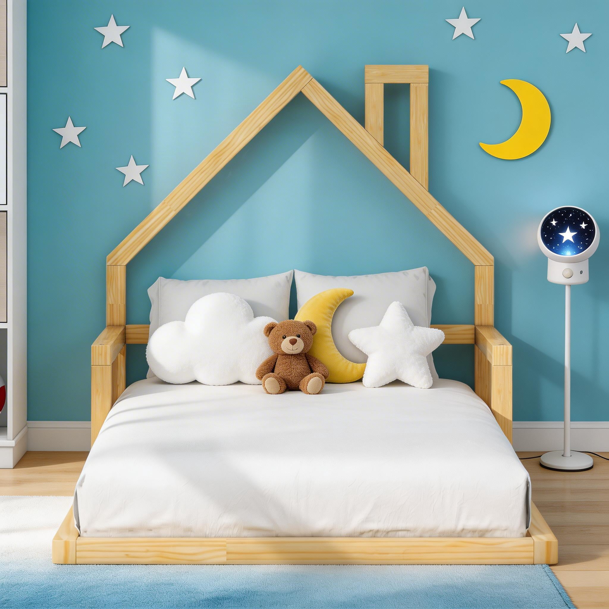 Sailvan Twin Wood Floor Bed Frame with House-Shaped Headboard and Chimney Natural