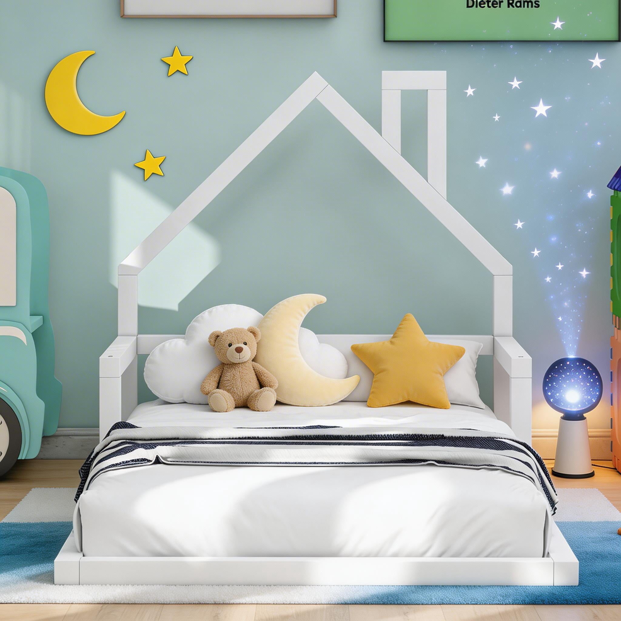 Sailvan Twin Wood Floor Bed Frame with House-Shaped Headboard and Chimney White