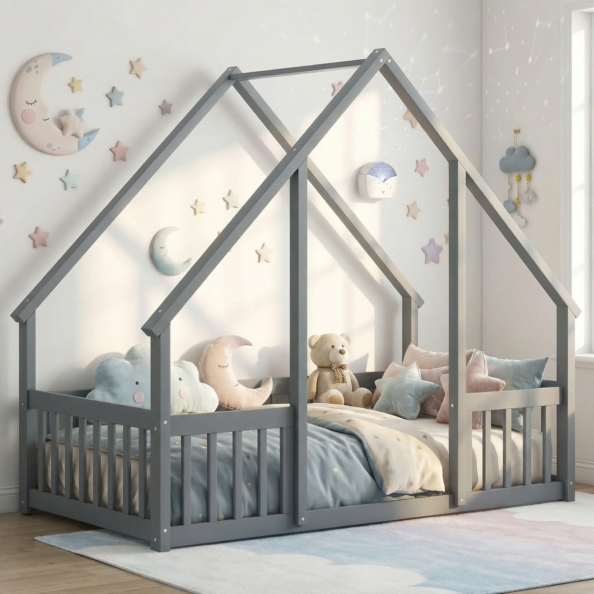 Sailvan Twin Wood House-Shaped Floor Bed with Fence, Guardrails