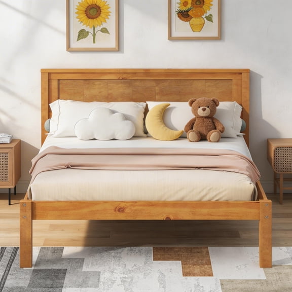Sailvan Twin Wood Platform Bed Frame with Headboard and Slat Support, No Box Spring Needed Oak