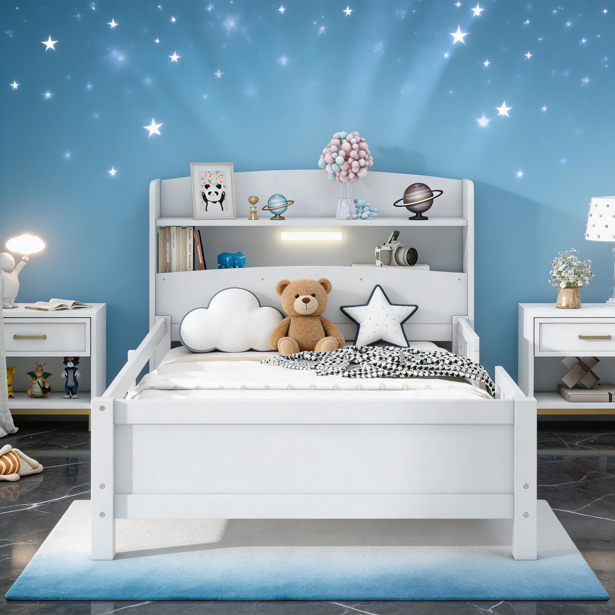 Sailvan Twin Wood Platform Bed Frame with LED Light and Storage Headboard White