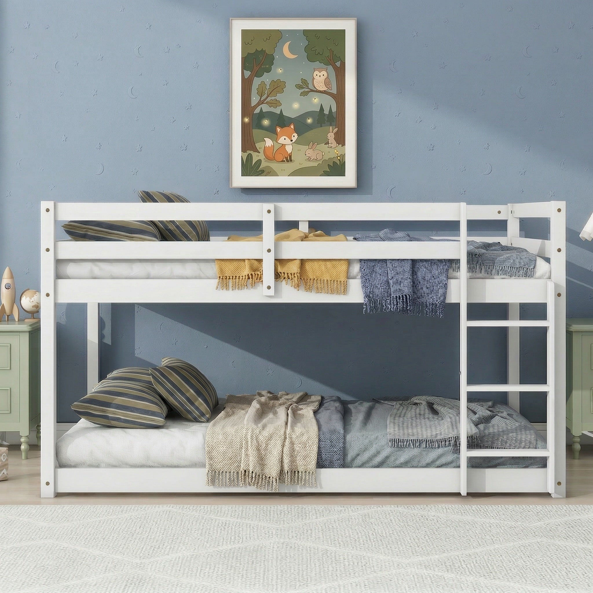 Sailvan Twin over Twin Floor Bunk Bed with Ladder, Solid Wooden/Solid Rubber, Upper and Bottom Bed Platforms crafted with Strengthened Slats