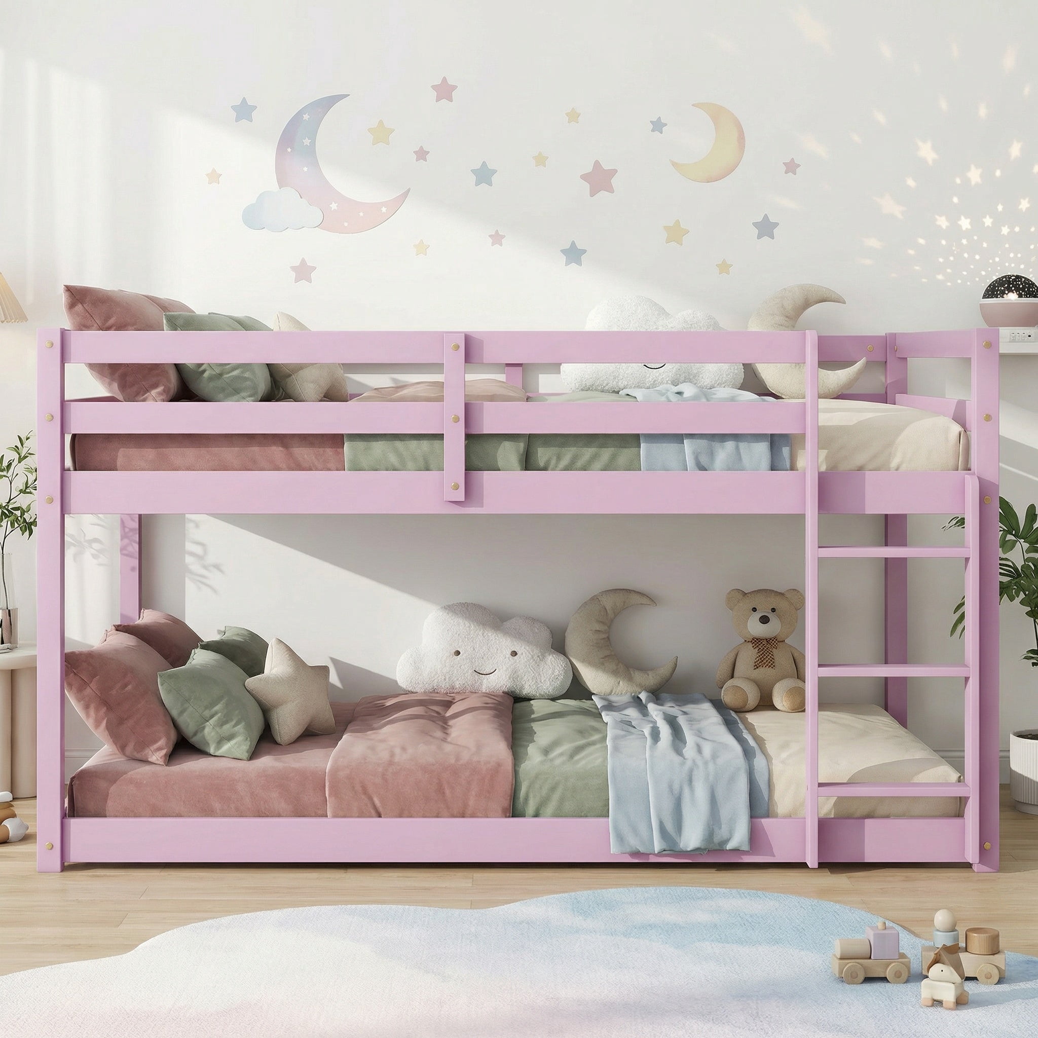 Sailvan Twin over Twin Floor Bunk Bed with Ladder, Solid Wooden/Solid Rubber, Upper and Bottom Bed Platforms crafted with Strengthened Slats