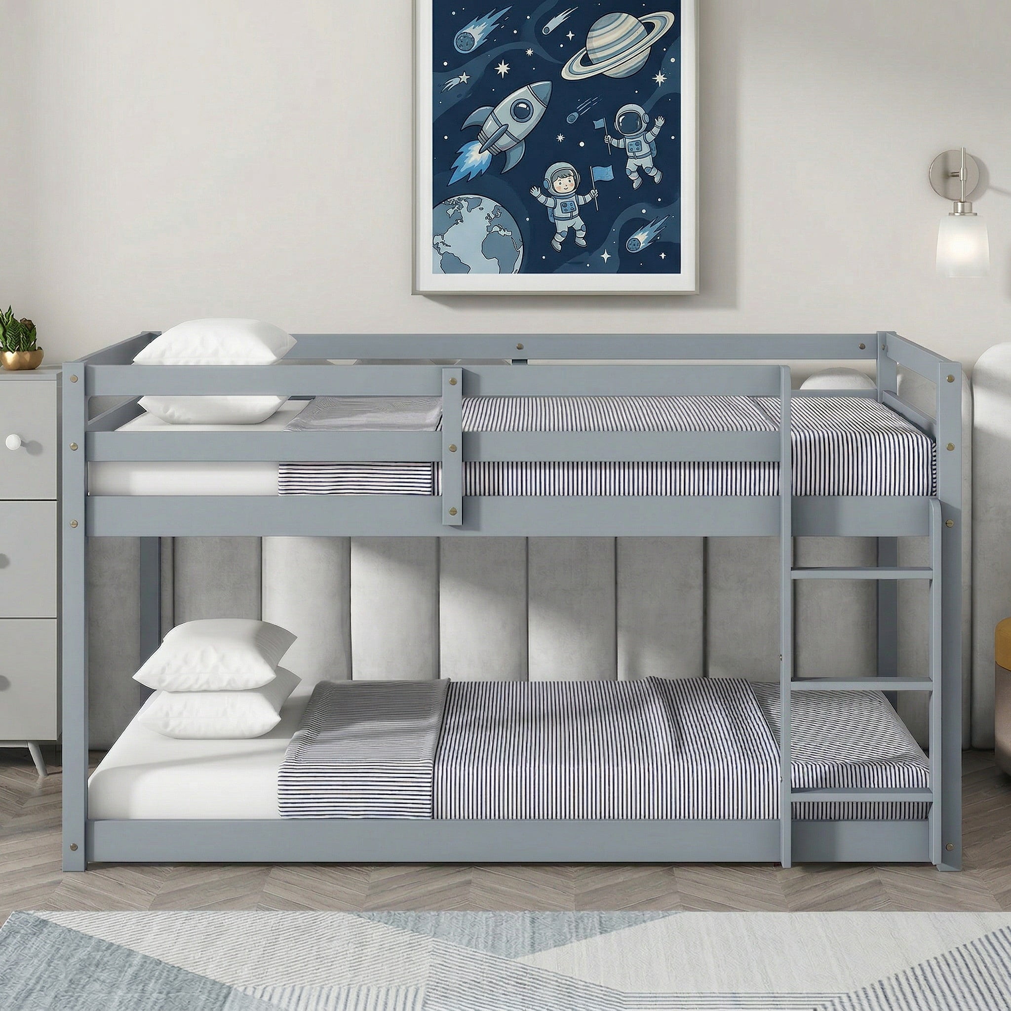 Sailvan Twin over Twin Floor Bunk Bed with Ladder, Solid Wooden/Solid Rubber, Upper and Bottom Bed Platforms crafted with Strengthened Slats