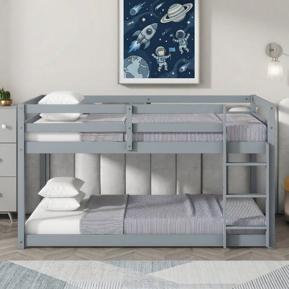 Sailvan Twin over Twin Floor Bunk Bed with Ladder, Solid Wooden/Solid Rubber, Upper and Bottom Bed Platforms crafted with Strengthened Slats