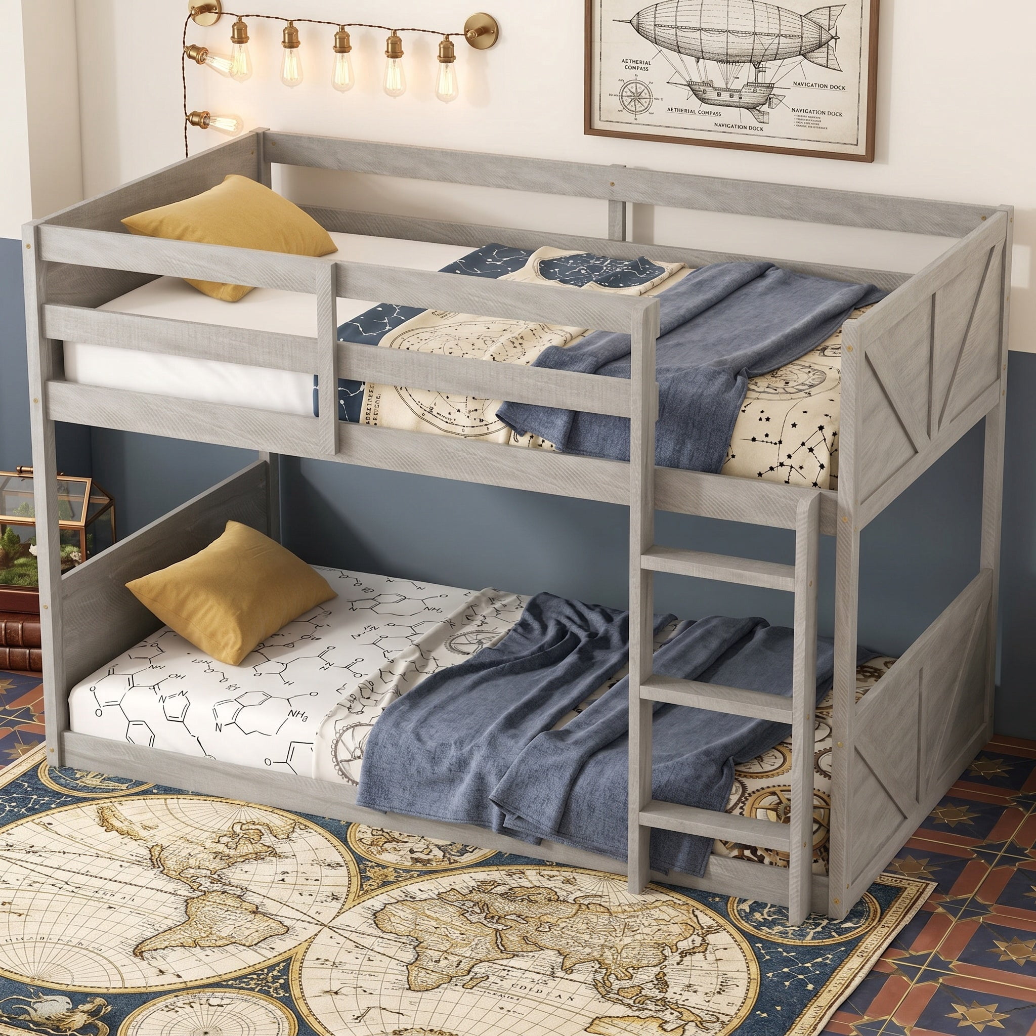 Sailvan Twin over Twin Floor Bunk Bed with Panelled Headboard, Solid Rubber Wood Foundation