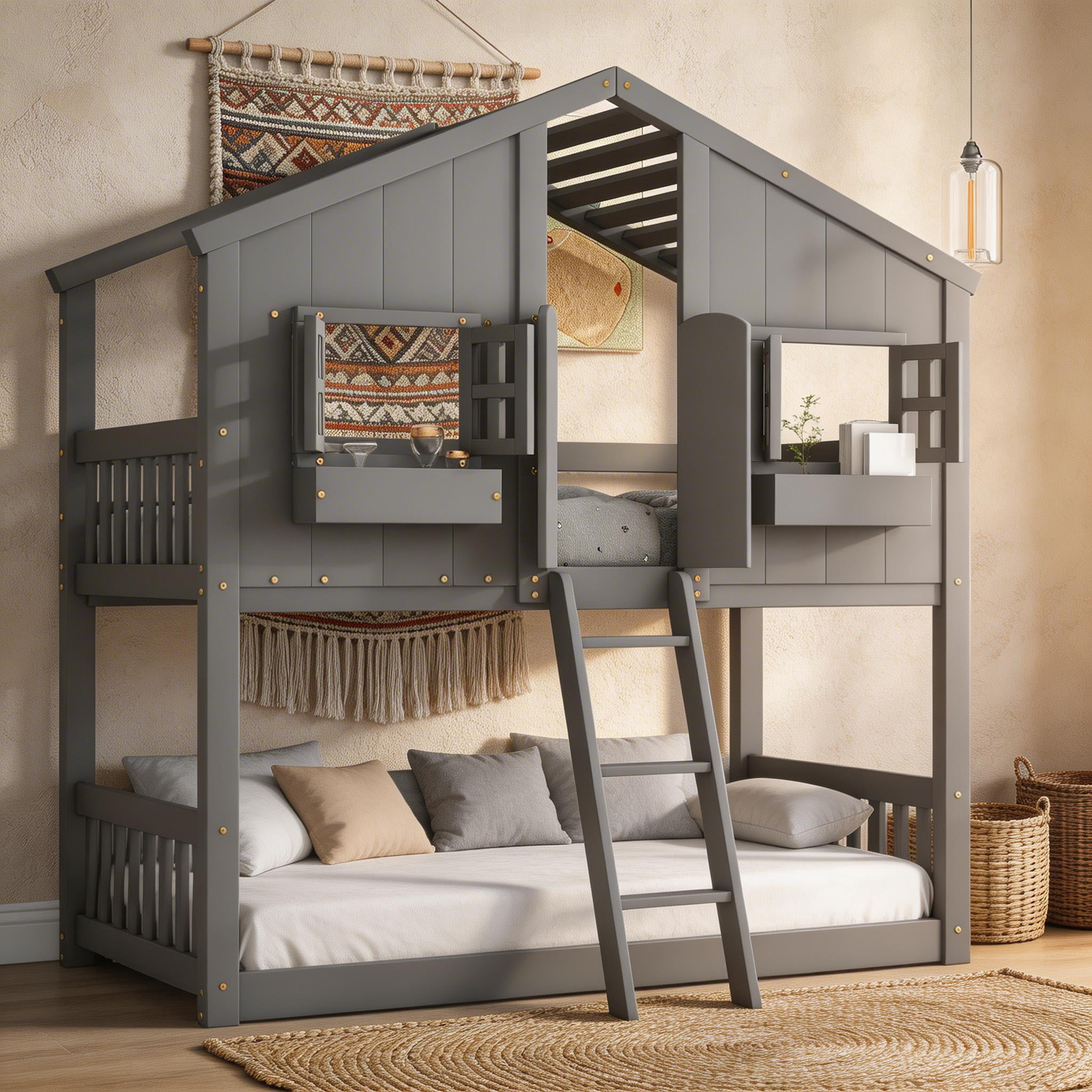 Sailvan Twin over Twin House Bunk Bed with Roof and Window, Low Height Safety Design Grey