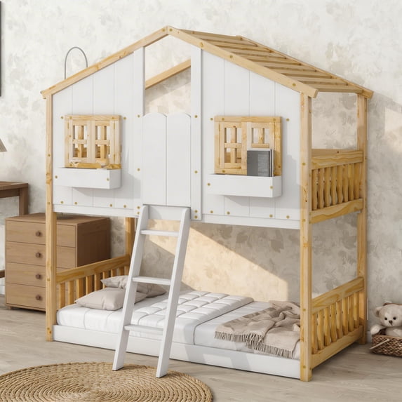 Sailvan Twin over Twin House Bunk Bed with Roof and Window, Low Height Safety Design Natural&White