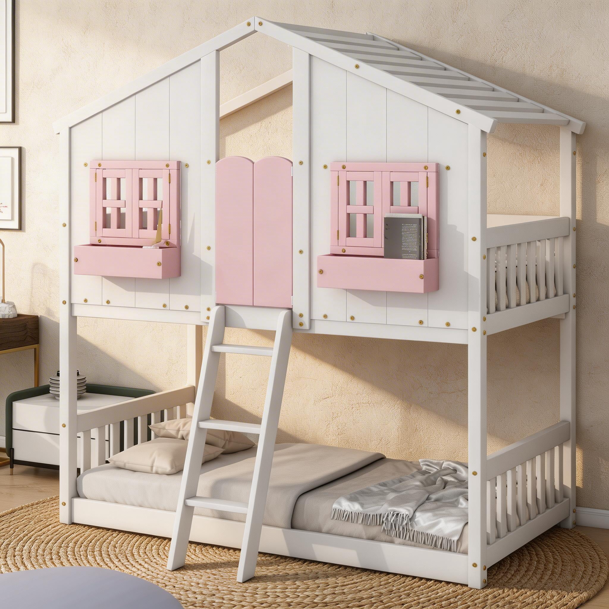 Sailvan Twin over Twin House Bunk Bed with Roof and Window, Low Height Safety Design Pink&White