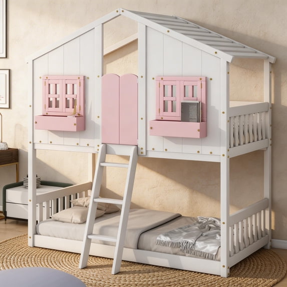 Sailvan Twin over Twin House Bunk Bed with Roof and Window, Low Height Safety Design Pink&White
