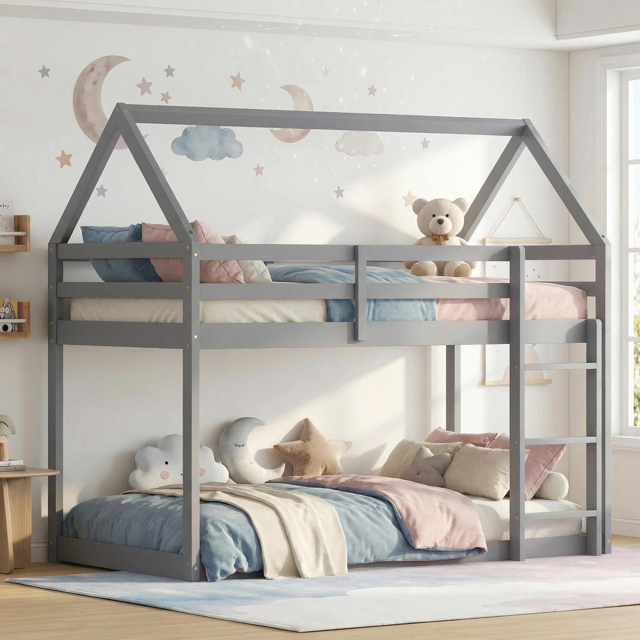 Sailvan Twin over Twin Rubber Wood Floor Bunk Bed, with ladder,Guardrails,House-Shaped-Bunk Bed