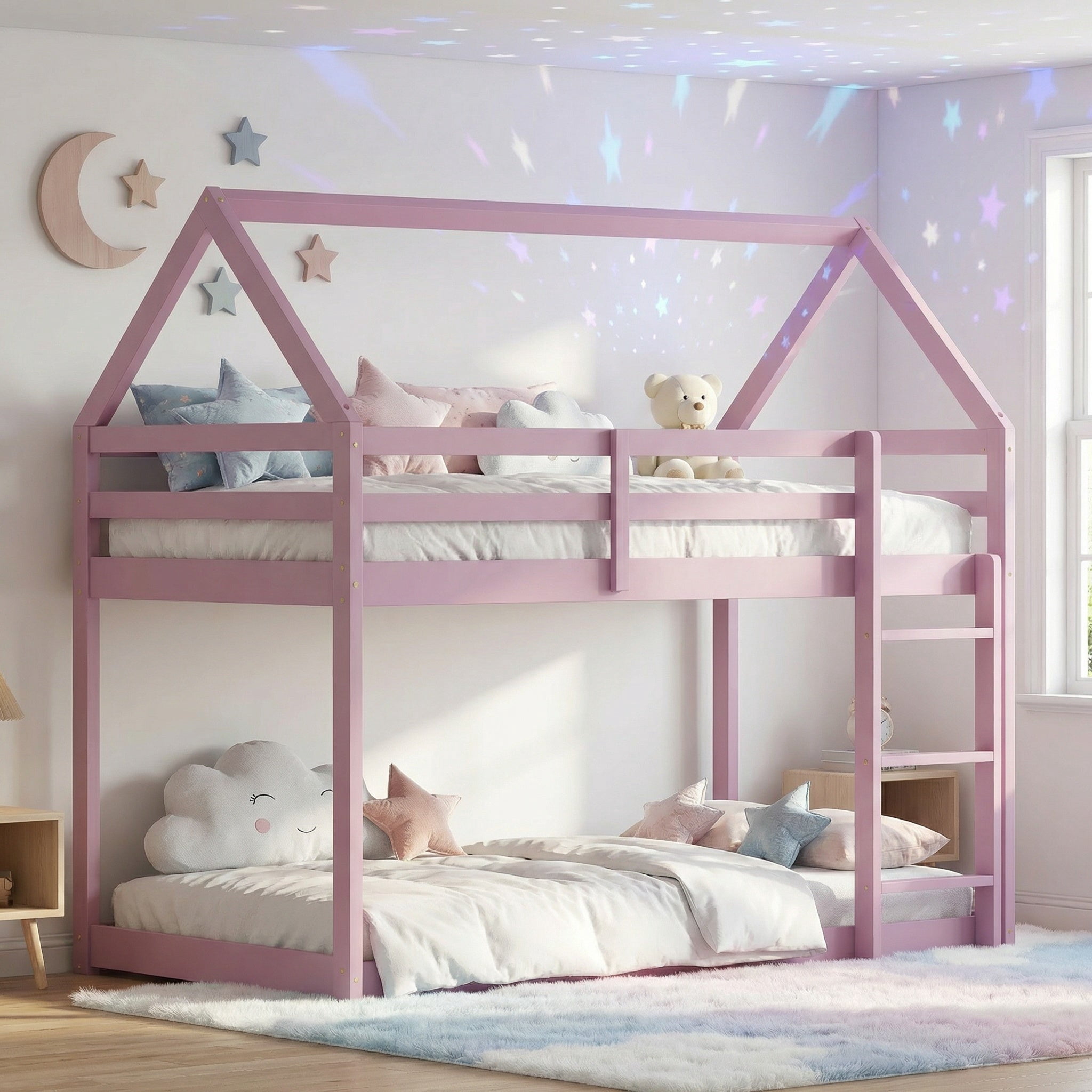 Sailvan Twin over Twin Rubber Wood Floor Bunk Bed, with ladder,Guardrails,House-Shaped-Bunk Bed