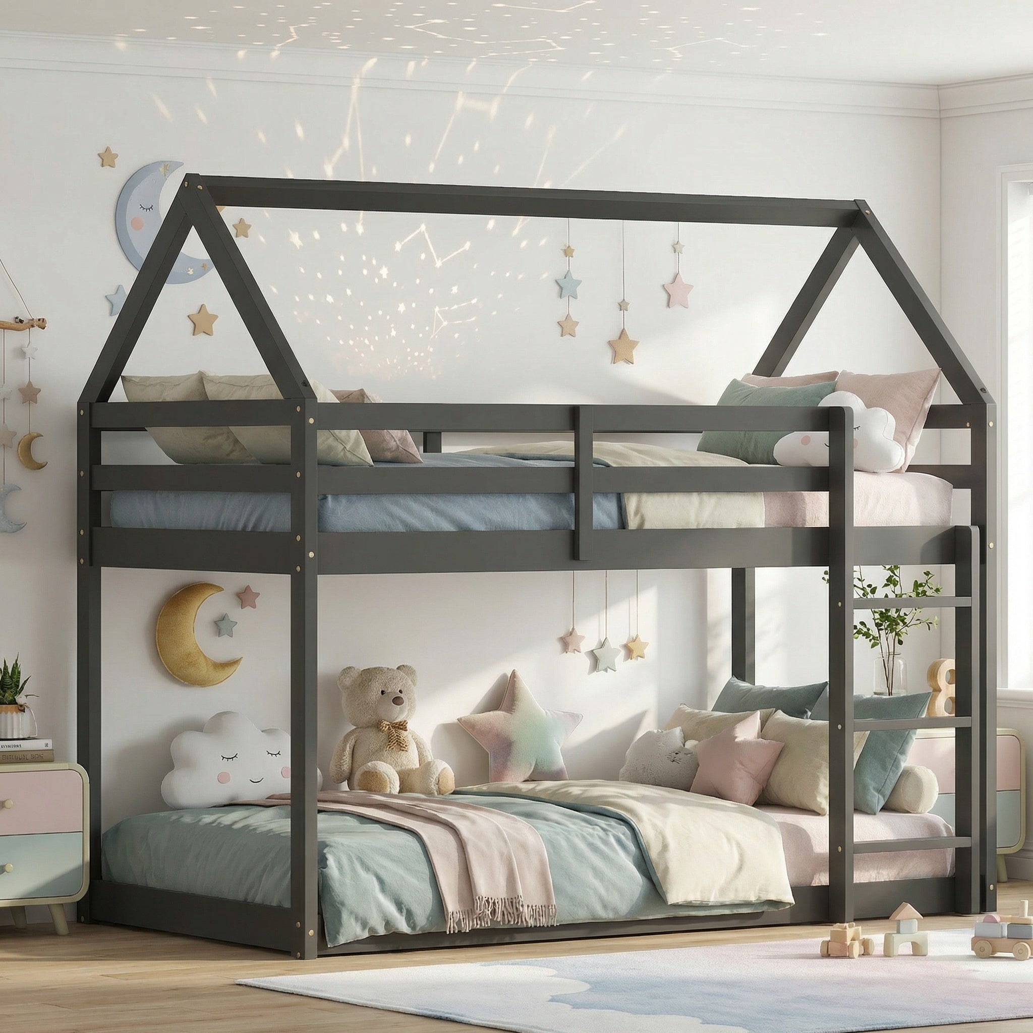 Sailvan Twin over Twin Rubber Wood Floor Bunk Bed, with ladder,Guardrails,House-Shaped-Bunk Bed