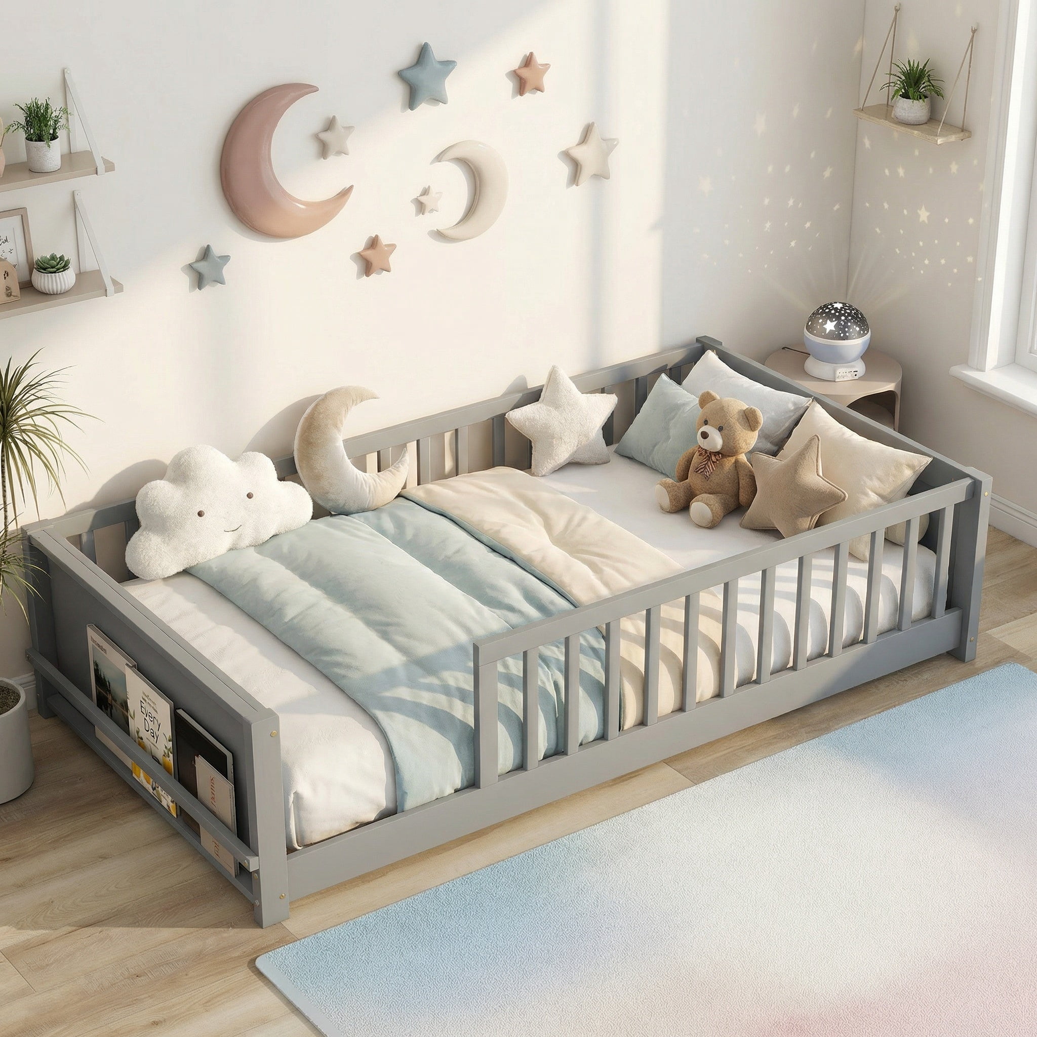 Sailvan Twin size Floor Platform Bed with Built-in Book Rack