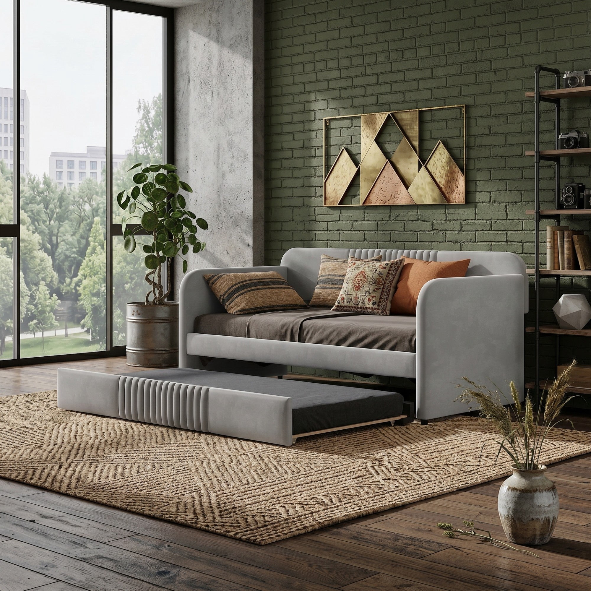 Sailvan Upholstered Daybed Sofa Bed Twin Size With Trundle Bed and Wood Slat