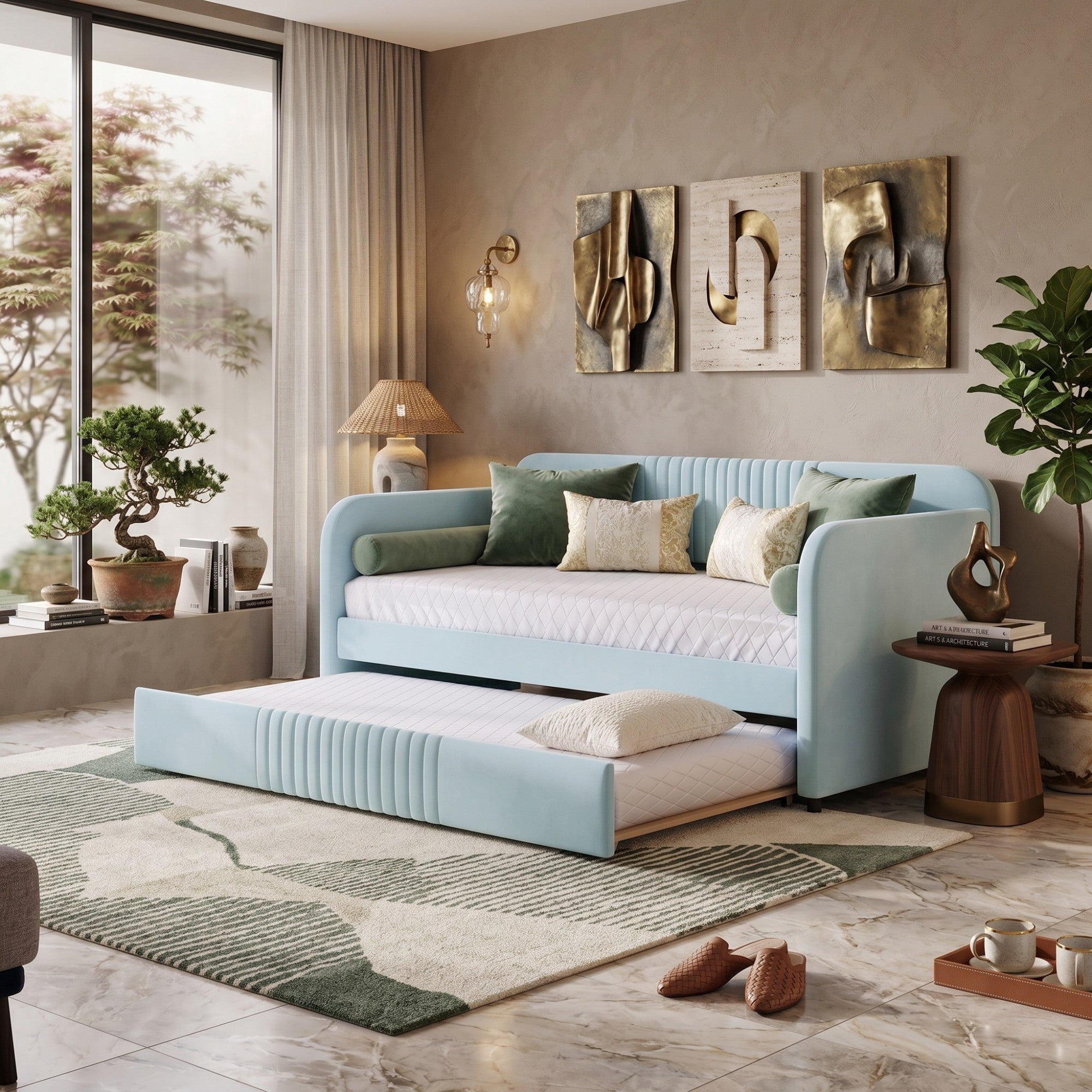 Sailvan Upholstered Daybed Sofa Bed Twin Size With Trundle Bed and Wood Slat