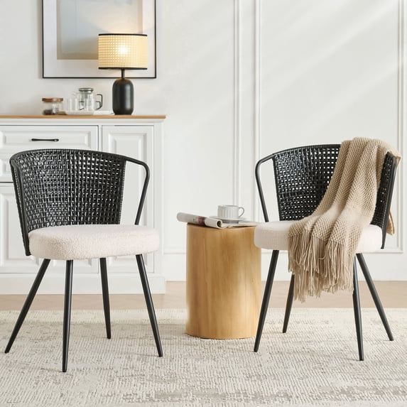 Sailvan Set of 2 Dining Chairs, Upholstered Rattan Kitchen & Dining Room Chairs with Rattan Backrest & Boucle Cushion, Farmhouse Dining Room Chair with Metal Leg,Black