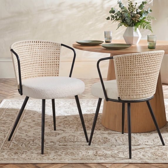 Sailvan Modern Dining Chairs Set of 2,Upholstered Rattan Chairs,Fabric Padded Side Chairs with Rattan Backrest & Thick Cushions,Accent Kitchen Chair with Metal Leg,Black