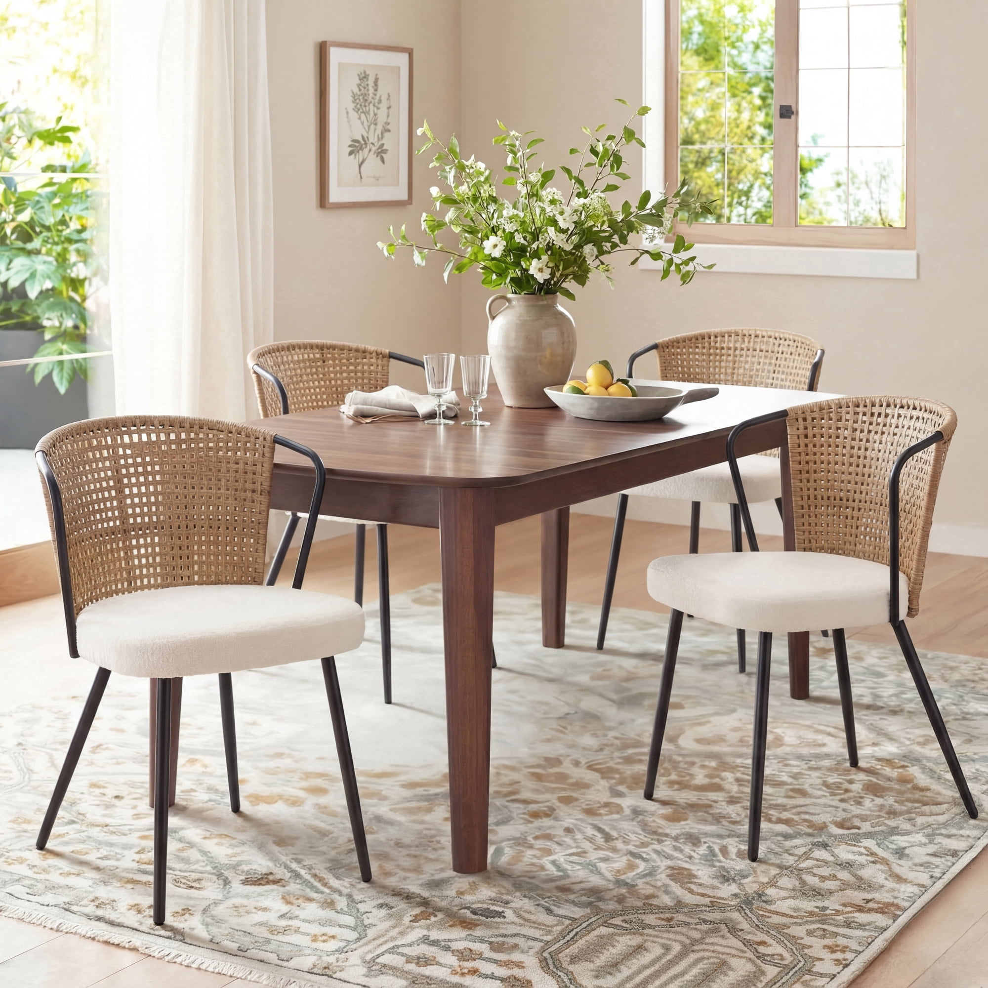 Sailvan Set of 4 Dining Chairs, Upholstered Rattan Kitchen & Dining Room Chairs with Rattan Backrest & Boucle Cushion, Farmhouse Dining Room Chair with Metal Leg，Brown