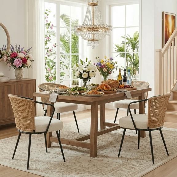 Sailvan Modern Dining Chairs Set of 4,Upholstered Rattan Chairs,Fabric Padded Side Chairs with Rattan Backrest & Thick Cushions,Accent Kitchen Chair with Metal Leg,Brown