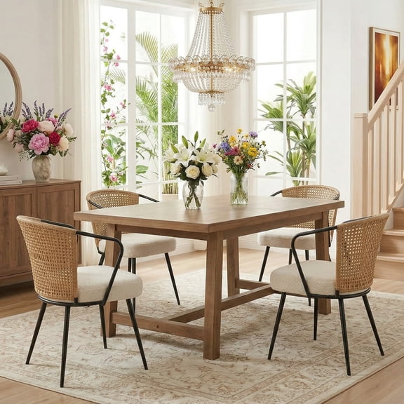 Sailvan Set of 4 Dining Chairs, Upholstered Rattan Kitchen & Dining Room Chairs with Rattan Backrest & Boucle Cushion, Farmhouse Dining Room Chair with Metal Leg,Brown