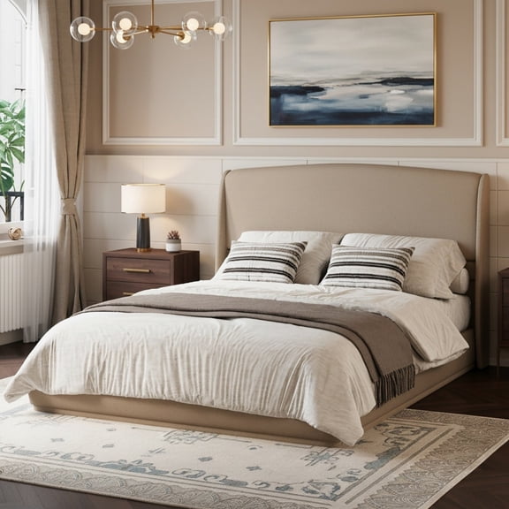 Sailvan Upholstered Queen Bed Frame with Wingback Headboard,Padded Linen Platform Bed,No Box Spring Needed,Easy Assembly,Cream