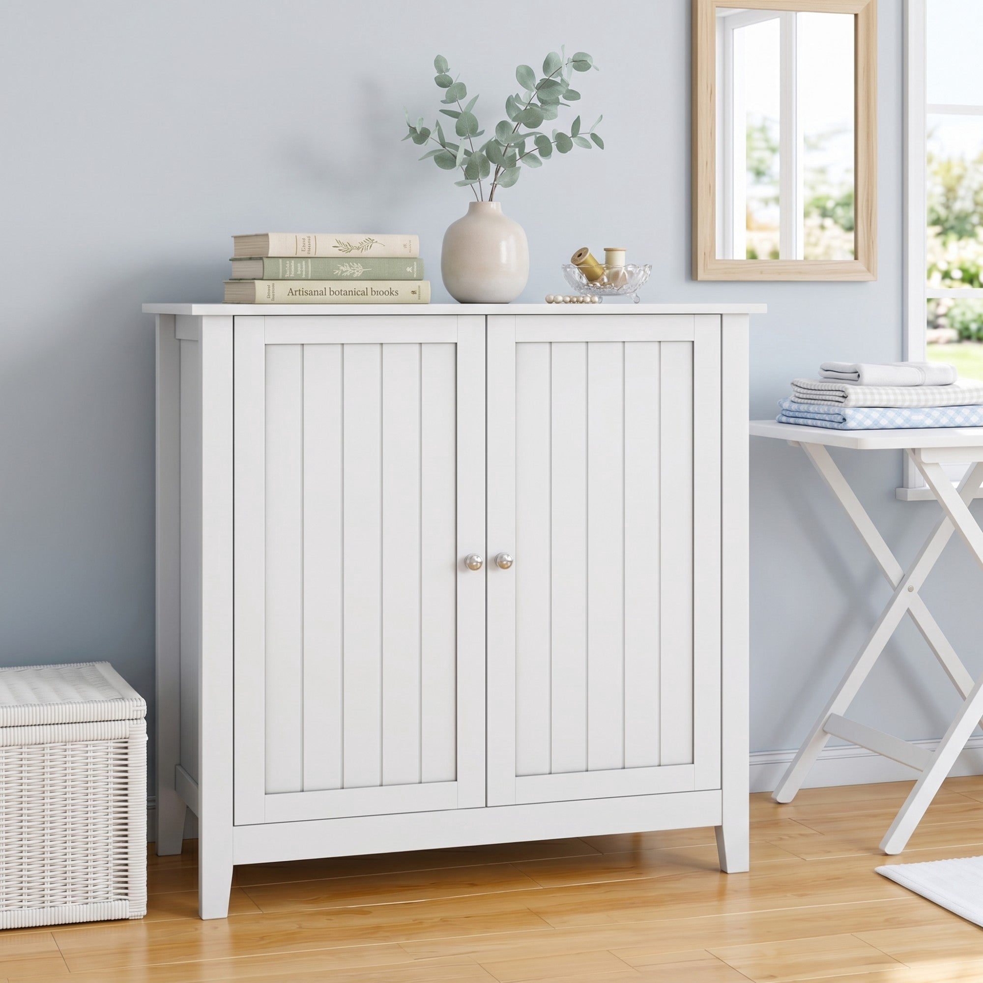 Sailvan White Double Door Storage Cabinet, Mid-Century Modern Freestanding Buffet with Silver Knobs