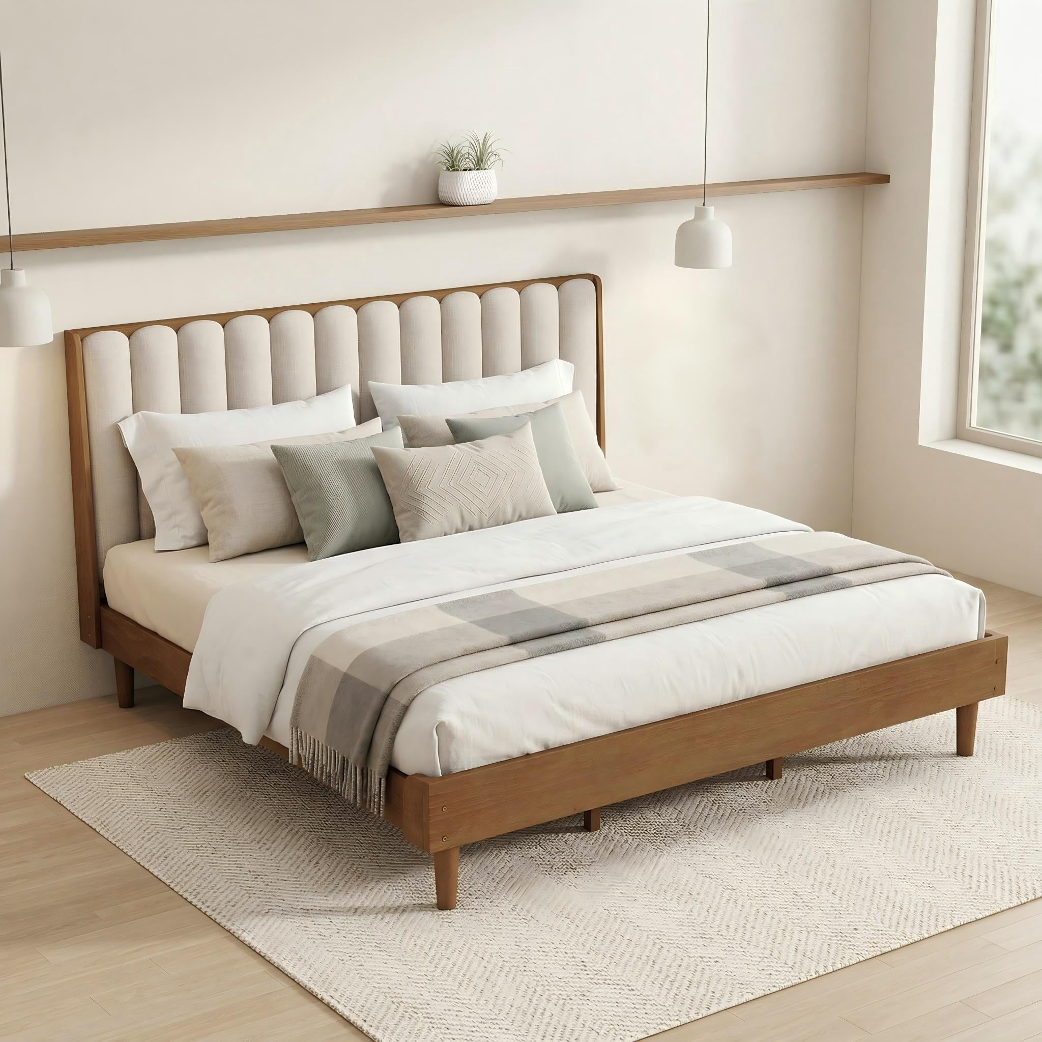 Sailvan Wood Bed with Piano Key Style Upholstered Headboard, Wood Bed with Strengthened Bed Frame