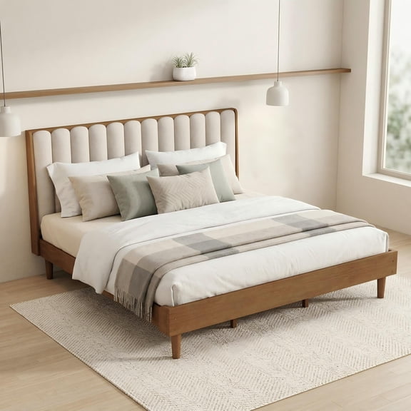 Sailvan Wood Bed with Piano Key Style Upholstered Headboard, Wood Bed with Strengthened Bed Frame