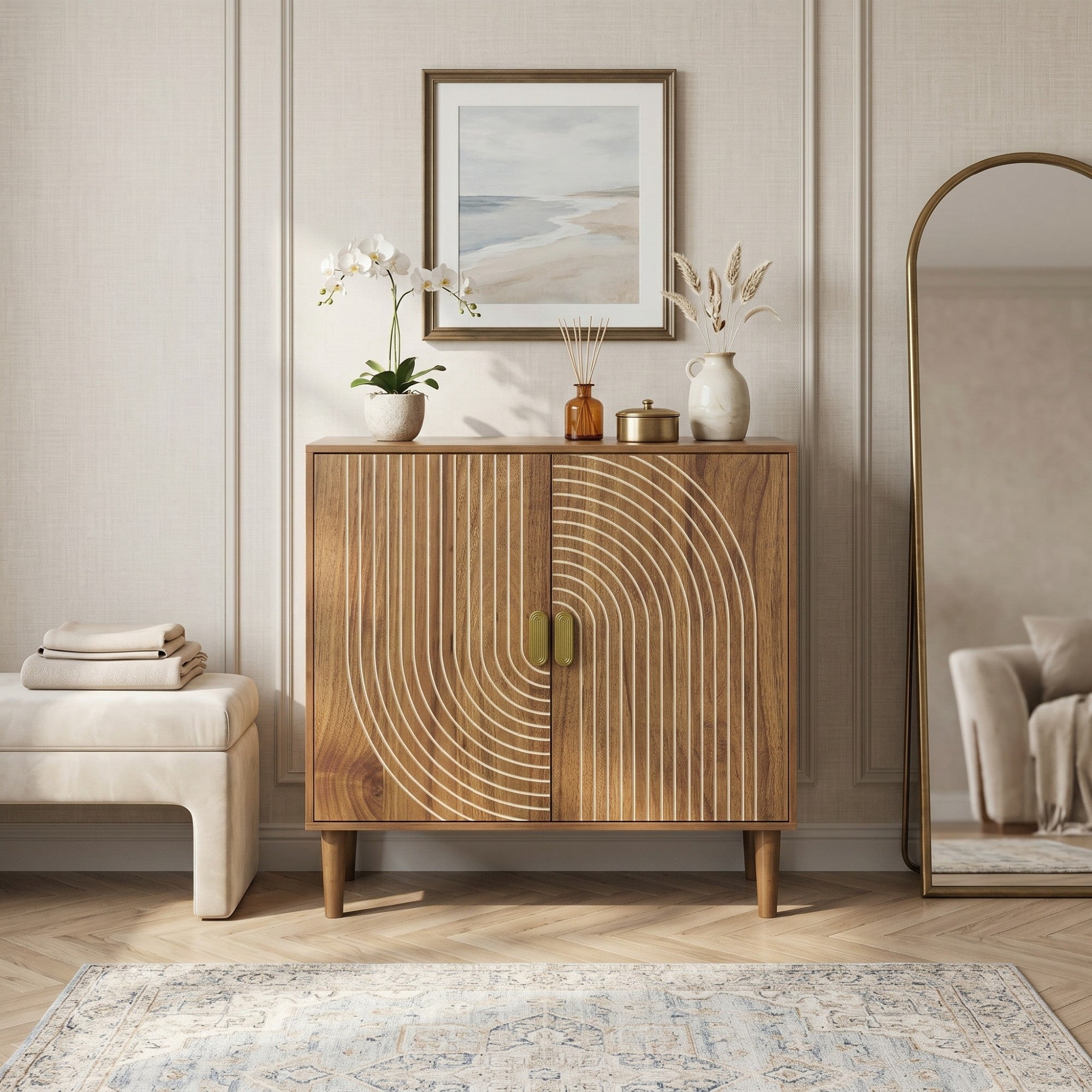 Sailvan Wood Buffet Cabinet, Line Groove Design, 2-Door Storage Sideboard