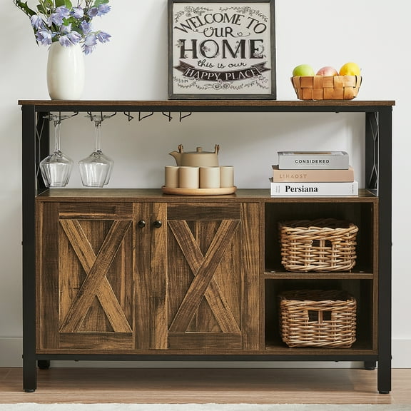 Sailvan 45.3" Buffet Cabinet with Storage, Wooden Farmhouse Sideboard Cabinet with 2 Doors & Adjustable Shelf, Accent Cabinet with Wine Glass Rack for Kitchen, Bar, Dining Room, Brown
