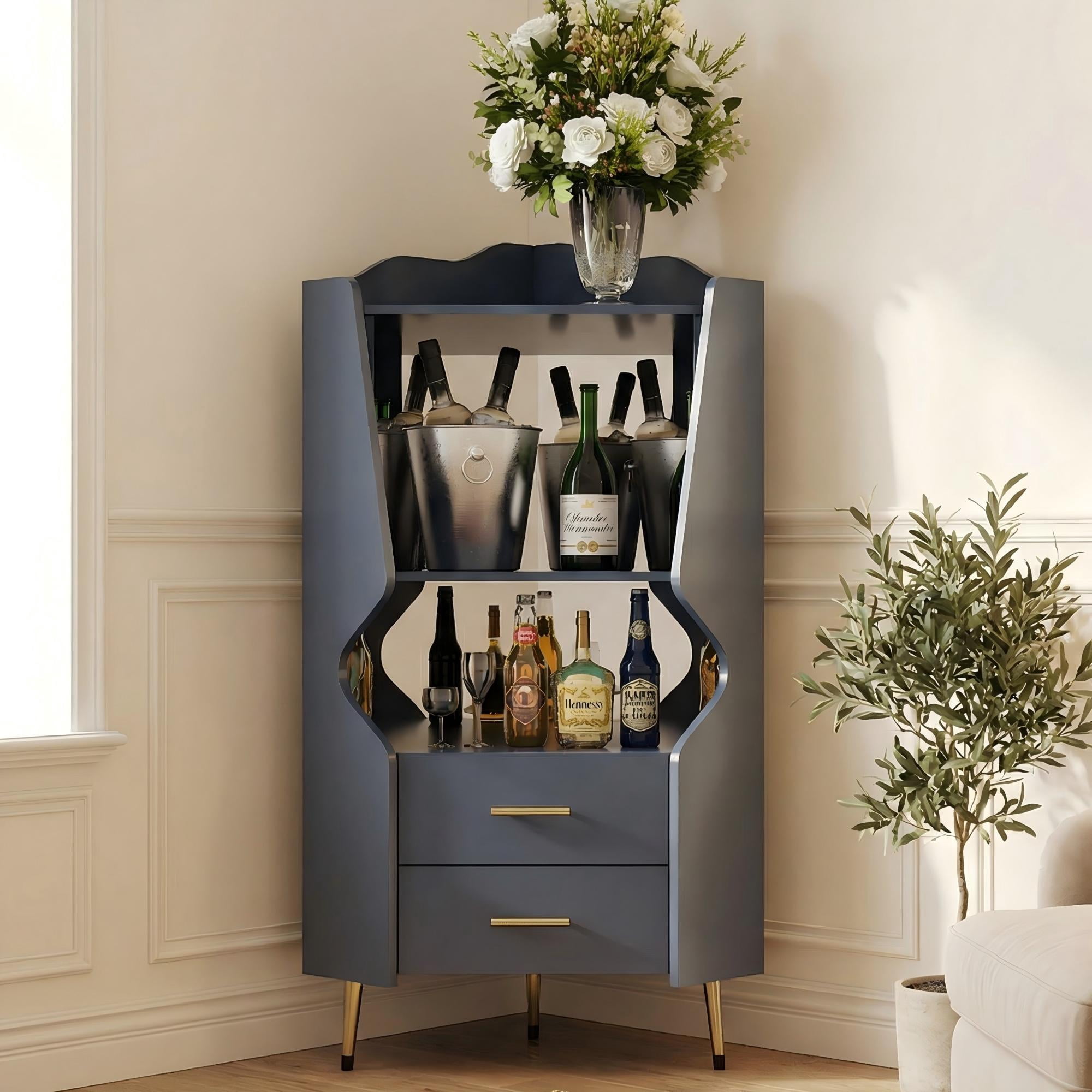Sailvan Wooden Corner Bar Cabinet with 2 Open Shelves, 2 Drawers & Mirrored