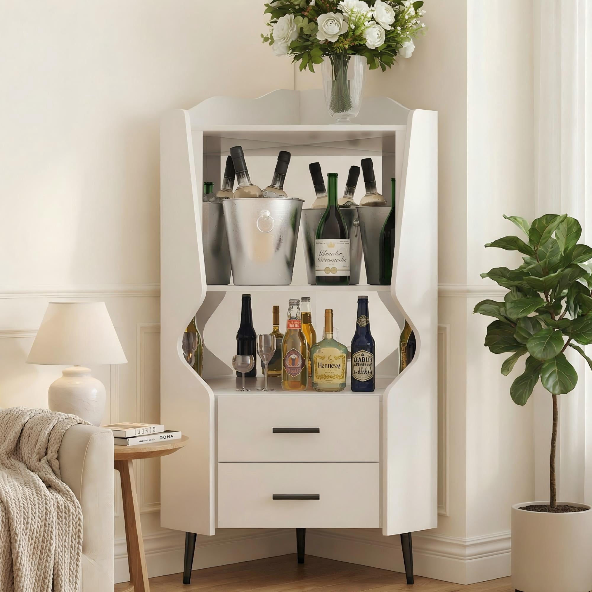 Sailvan Wooden Corner Bar Cabinet with 2 Open Shelves, 2 Drawers & Mirrored