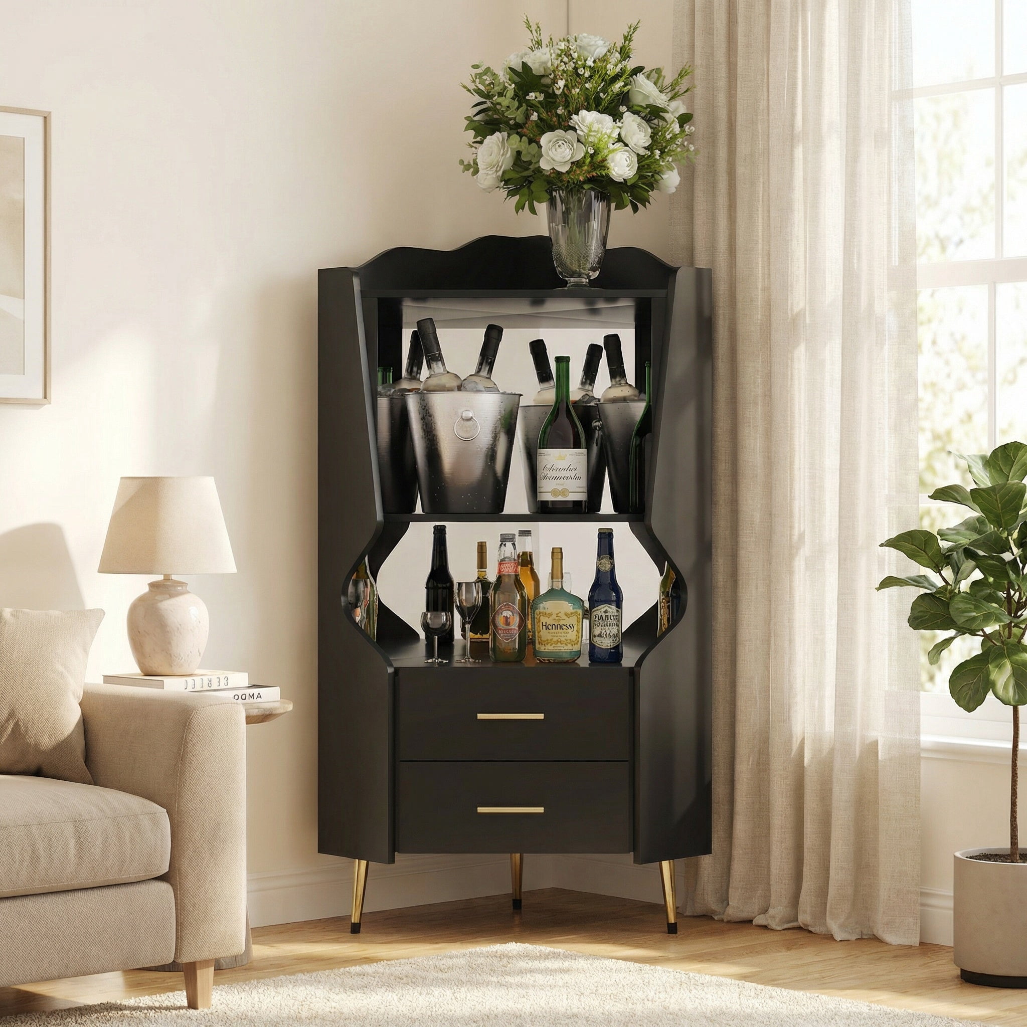 Sailvan Wooden Corner Bar Cabinet with 2 Open Shelves, 2 Drawers & Mirrored