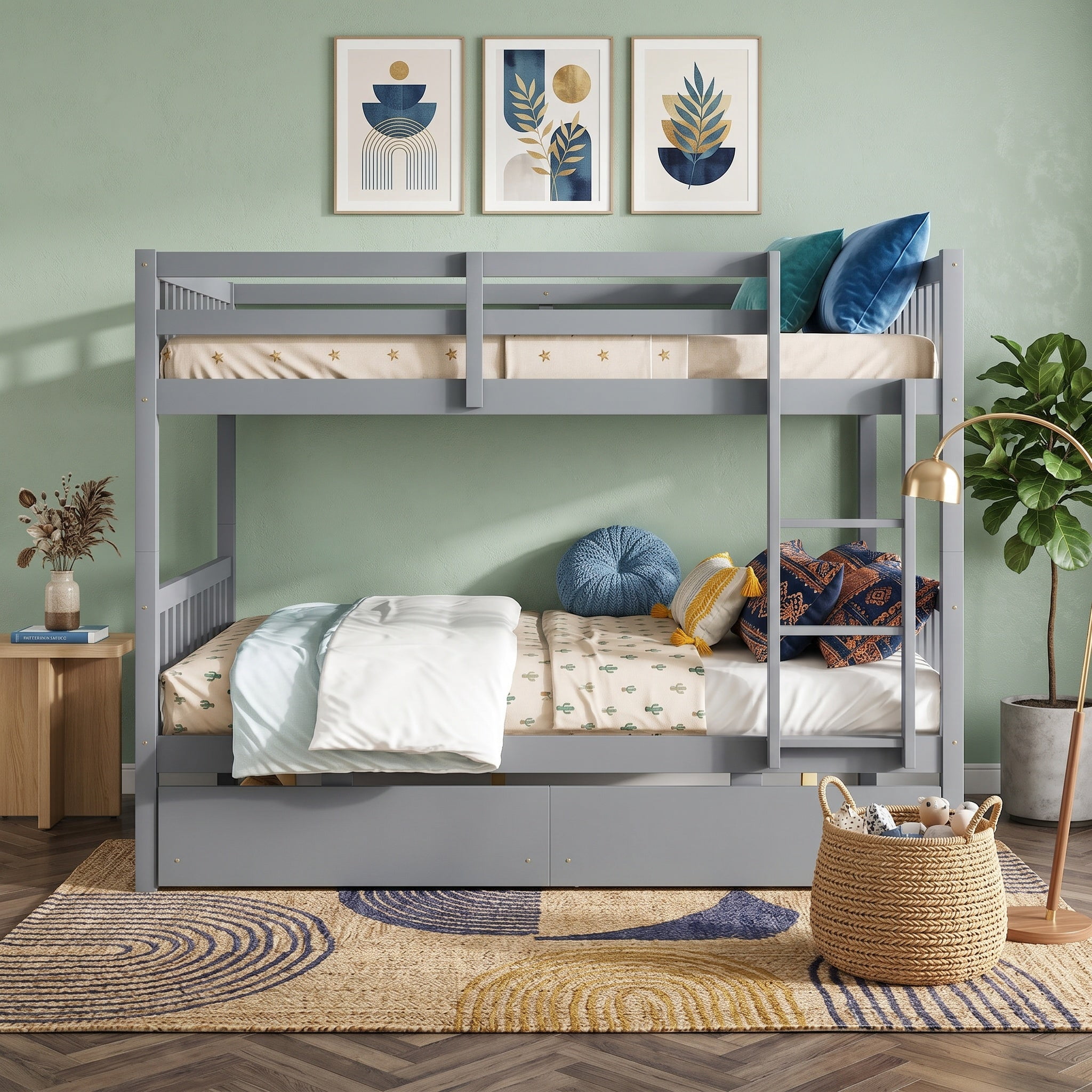 Sailvan full Over full Rubber Wood Bunk Bed with 2 Drawers, Convertible into 2 full Beds with Ladder