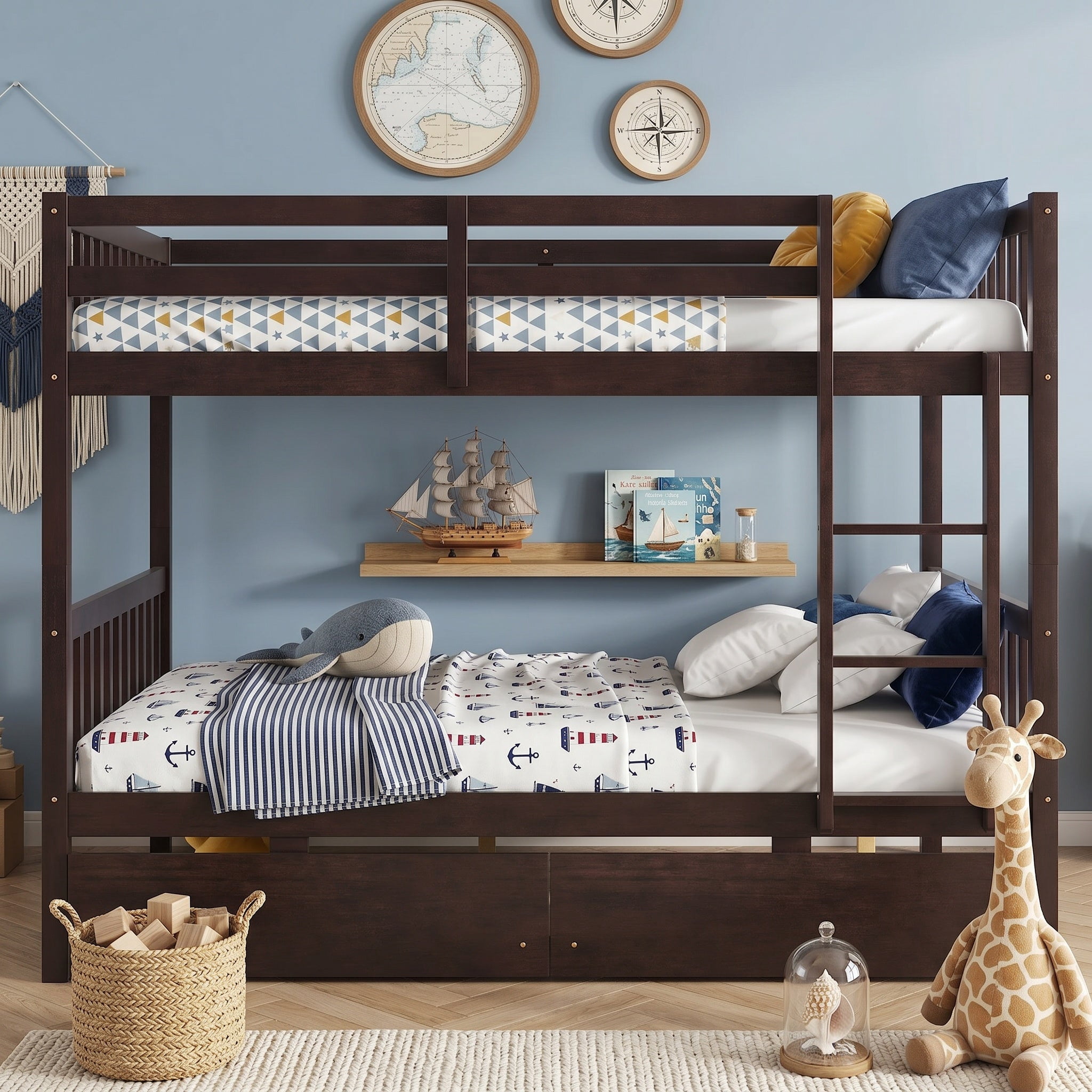 Sailvan full Over full Rubber Wood Bunk Bed with 2 Drawers, Convertible into 2 full Beds with Ladder