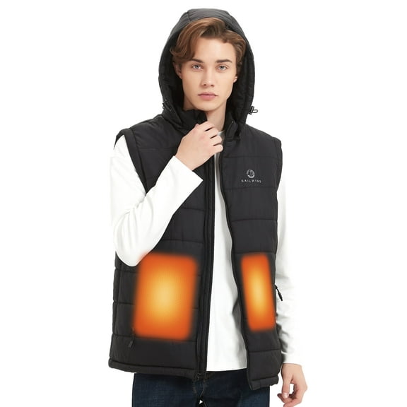 Sailwind Men's Lightweight Heated Vest Smart Electric Rechargeable Jacket With Removable Hood(10000mAh Battery Included),3 Heating Level,Black,Size M
