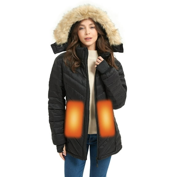 Sailwind Women's Heated Down Jacket with Battery Pack,3-Level Temperature Control Detachable Hood Heated Jacket For Women,Black,M