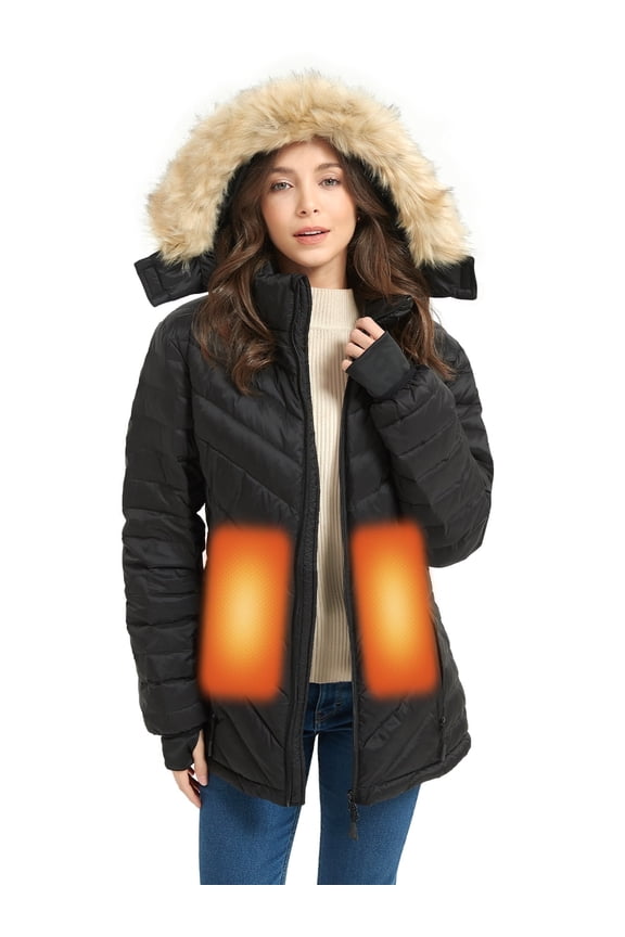 Sailwind Women's Heated Down Jacket with Battery Pack,3-Level Temperature Control Detachable Hood Heated Jacket For Women,Black,S