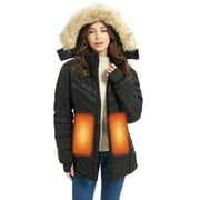 SAILWINDHEAT Sailwind Women's Heated Down Jacket with Battery Pack,3-Level Temperature Control Detachable Hood Heated Jacket For Women,Black,L