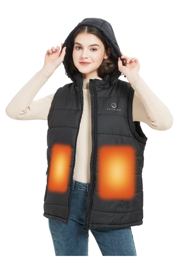 Sailwind Women's Lightweight Heated Vest Smart Electric Rechargeable Jacket With Removable Hood(10000mAh Battery Included),3 Heating Level,Black,Size L