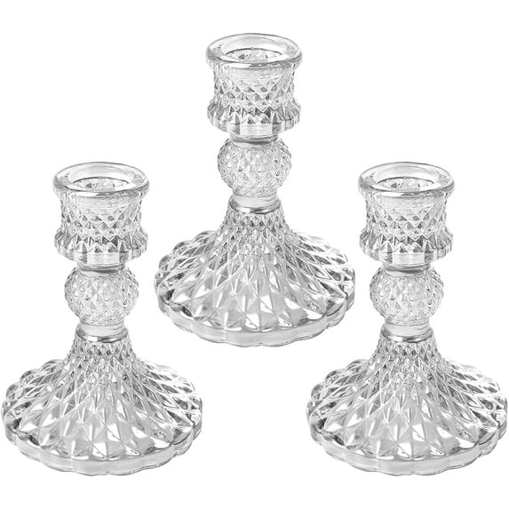 Saim 3 Pcs Crystal Glass Candle Holders, Clear Taper Candle Holders Decorative for Wedding, Party & Windowsill Decor