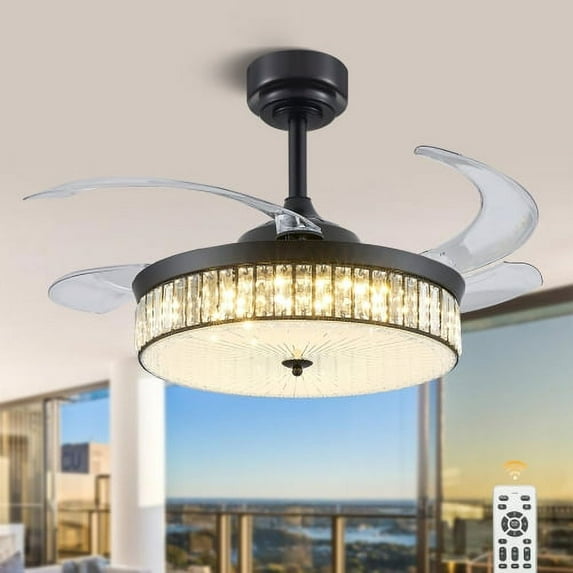 Saim 42 Inch Crystal Ceiling Fans with Lights, 3 Color Remote Control Retractable Invisible Blades, 6 Speeds Indoor Ceiling Light
