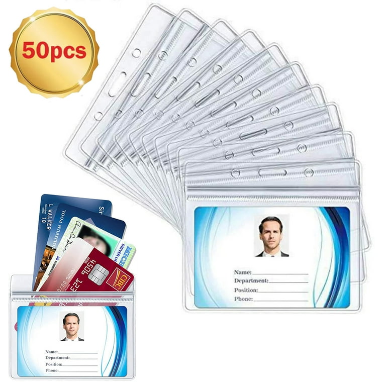 50 Pcs Clear Plastic Horizontal Name Badge ID Card Holders