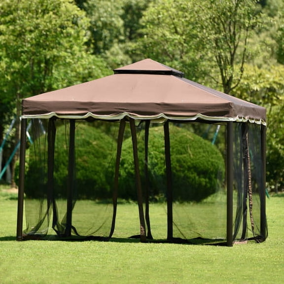 Saim Outdoor Patio Garden Double Roof Gazebo Canopy with Netting for Backyard, Poolside and Deck, 9.8x9.8 FT, Brown