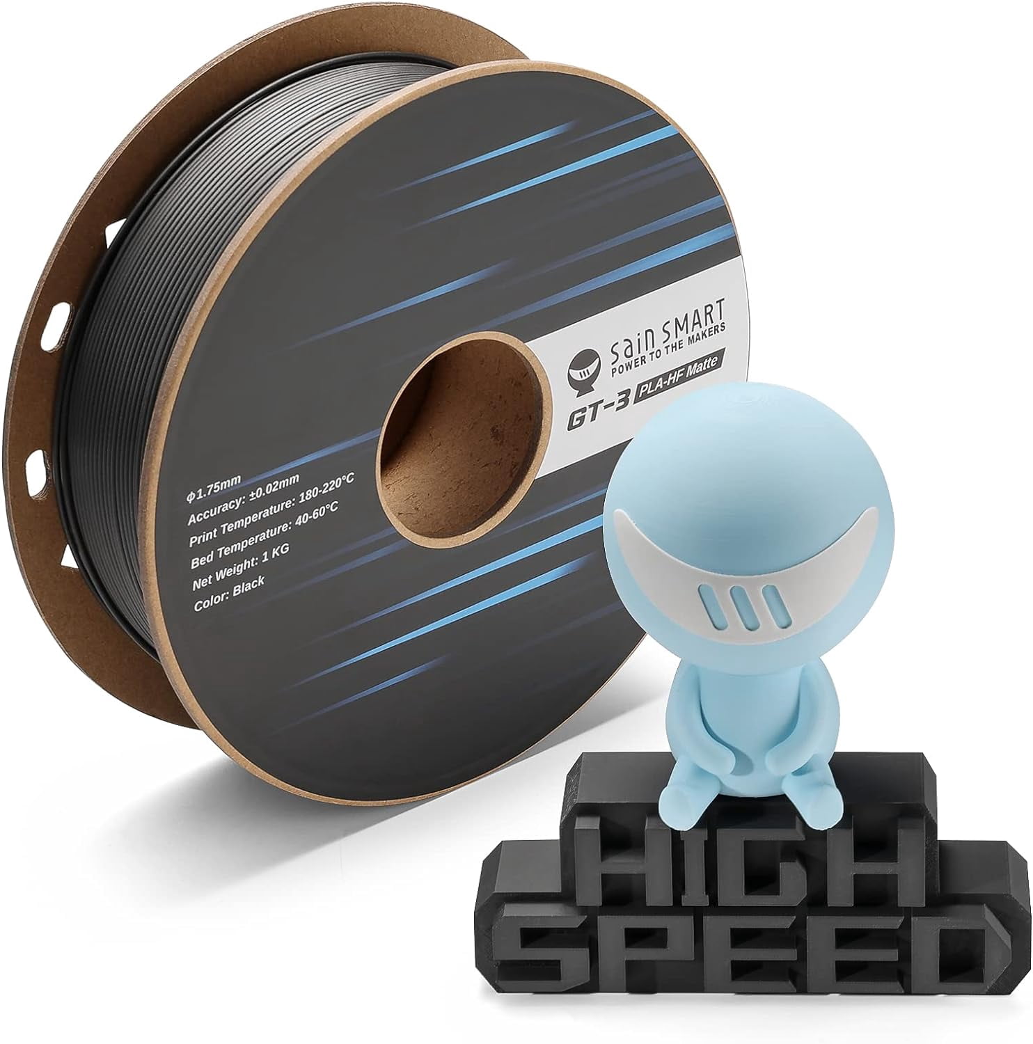 SainSmart GT-3 High Speed Matte PLA Filament 1.75mm, High Flow 3D Printer Filament, Black, 2.2 LBS (1KG) Spool, Dimensional Accuracy +/- 0.02mm