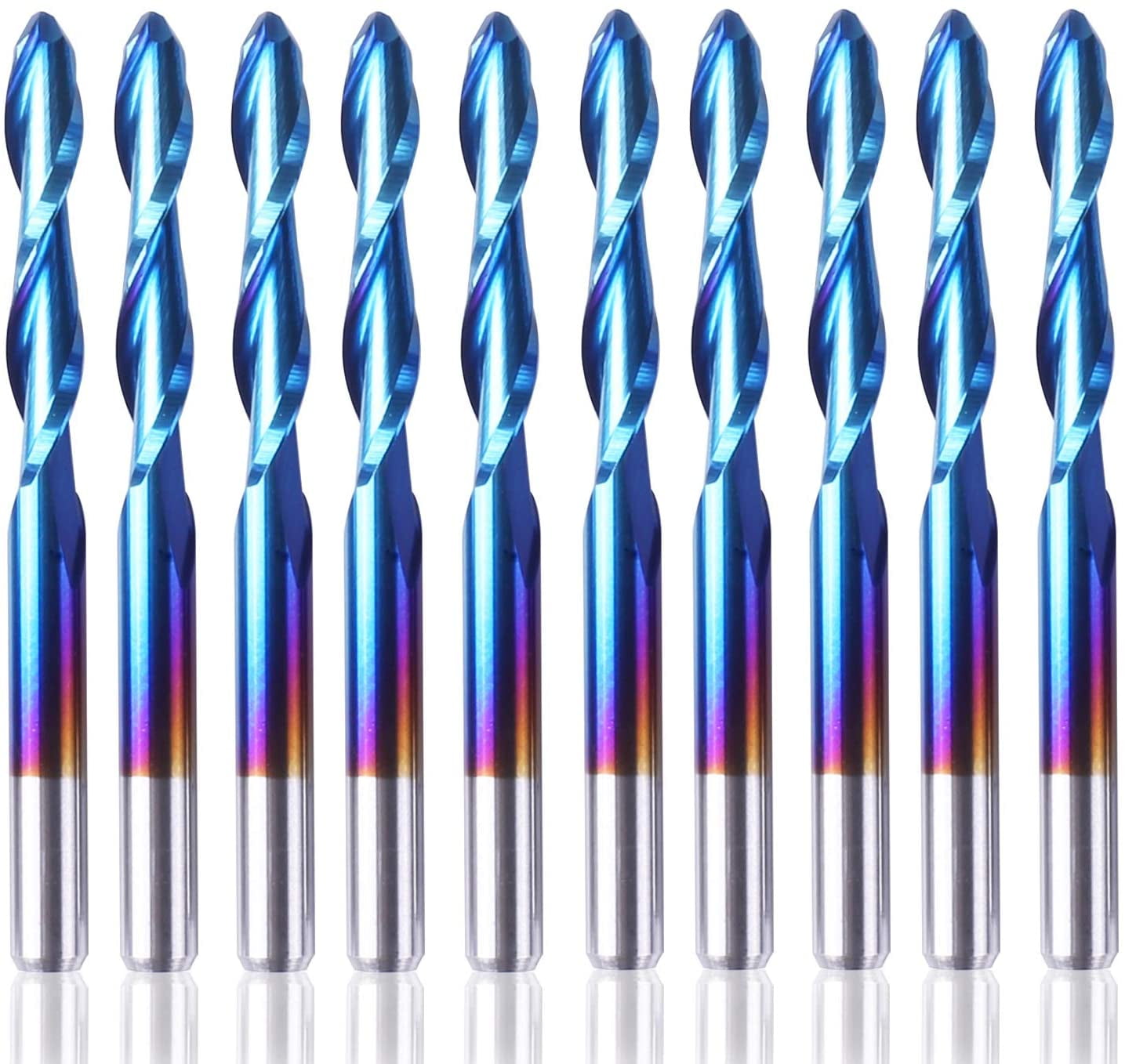 SainSmart Genmitsu 10Pcs Nano Blue Coat Ball Nose End Mill CNC Router Bits, 1/8" Shank Spiral Upcut 2 Flute End Mill Set (3.175 x 17 x 38mm)