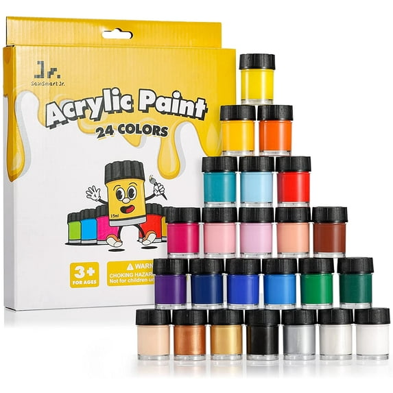 SainSmart Jr. Acrylic Paint Jar Set 24 Colors Art Craft Paint Supplies for Canvas Wood Ceramic Rock Fabrics Stone Model Painting, Non Toxic Paints for Kids Beginners Adults
